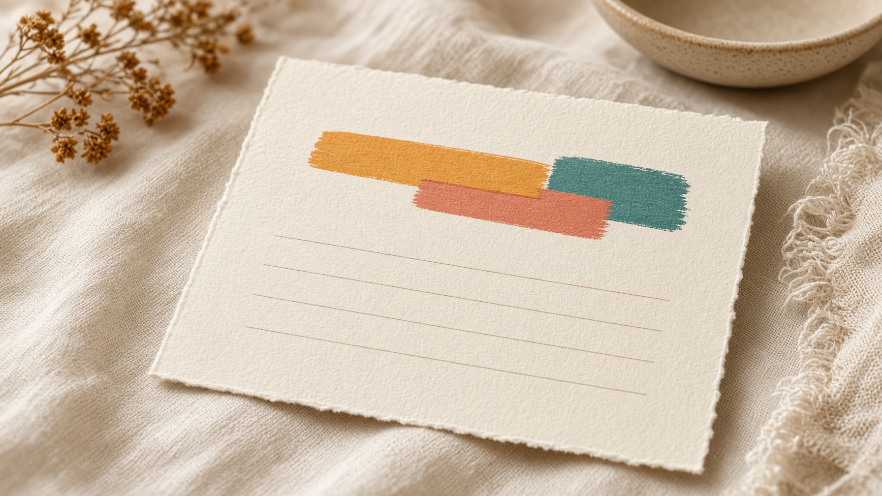A cream paper budget sheet with saffron, teal, and coral bars and empty ruled lines.