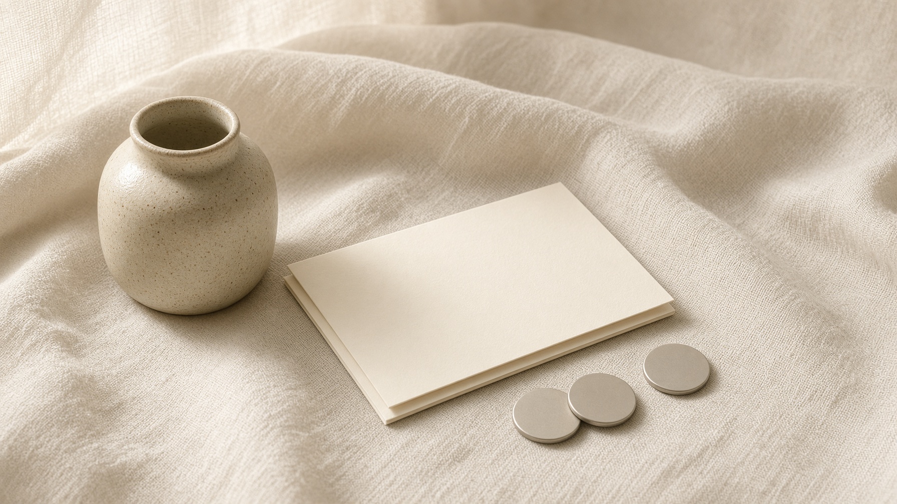 A small ceramic jar, a folded blank card, and plain discs on warm linen.
